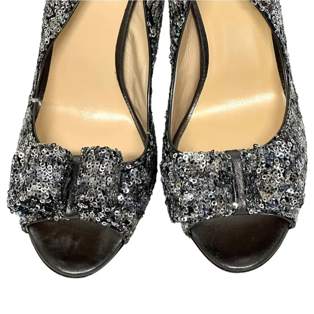 KATE SPADE Charm Micro Sequin Silver Slingback Pumps Heels Peep Toe Bow 8